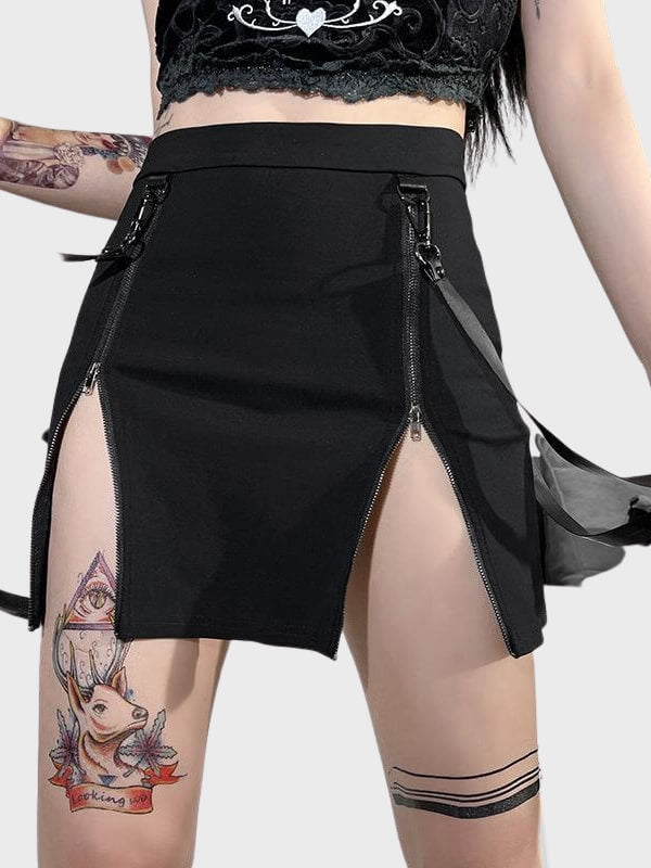 Gothic Double Zippers Belts Slit Sexy Skirts - ovniki