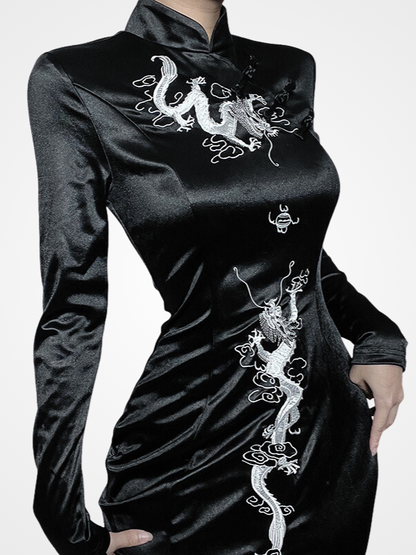 Gothic Dragon Cheongsam Embroidered Long Dress_ovniki