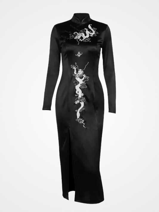 Gothic Dragon Cheongsam Embroidered Long Dress_ovniki