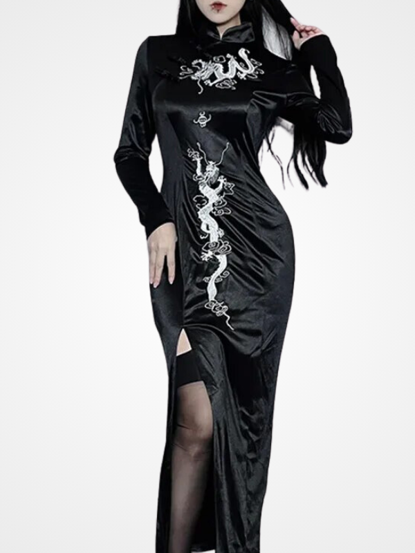 Gothic Dragon Cheongsam Embroidered Long Dress_ovniki