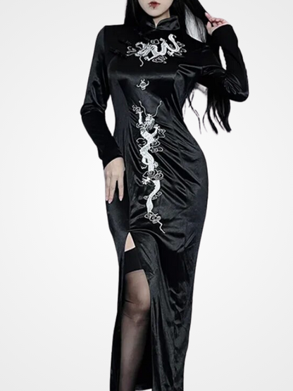 Gothic Dragon Cheongsam Embroidered Long Dress_ovniki