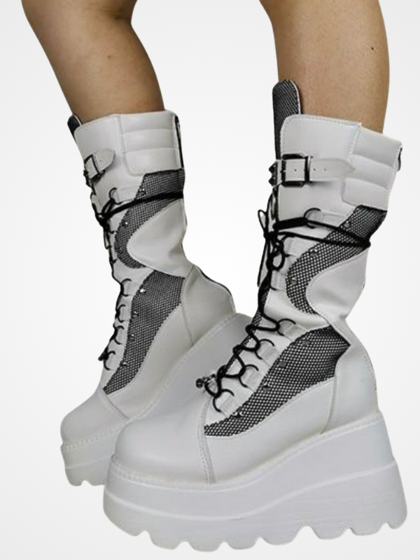Women's Punk White High Heel Mid-calf Boots - ovniki