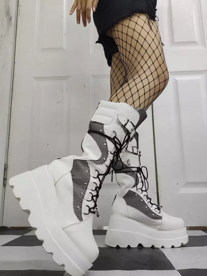 Women's Punk White High Heel Mid-calf Boots - ovniki