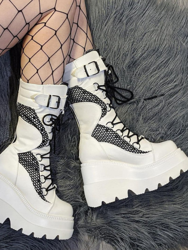 Women's Punk White High Heel Mid-calf Boots - ovniki