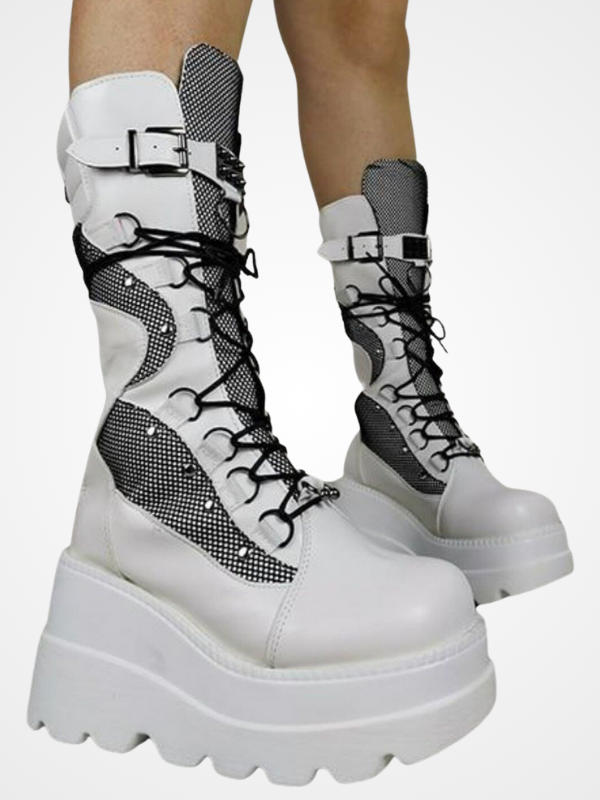 Women's Punk White High Heel Mid-calf Boots - ovniki