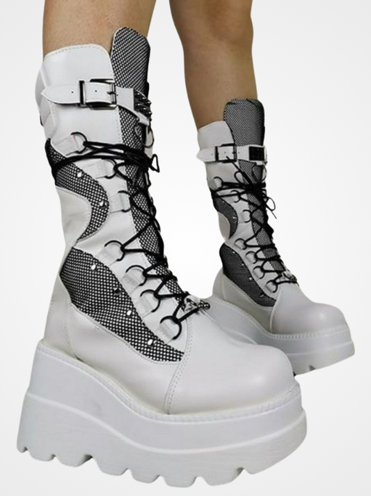 Women's Punk White High Heel Mid-calf Boots - ovniki
