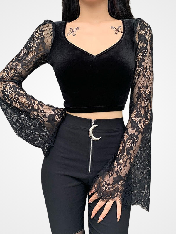 Gothic Lace Flare Sleeve Crop Top - Ovniki