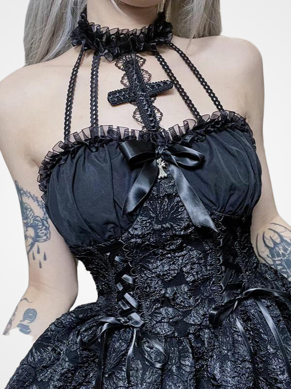 Gothic Lace Up Halter Sleeveless Long Party Dress_ovniki