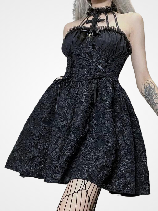 Gothic Lace Up Halter Sleeveless Long Party Dress_ovniki