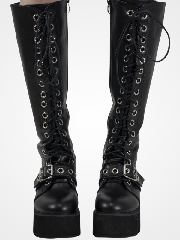 Gothic Lace Up Knee High Black Nightclub Boots - ovniki