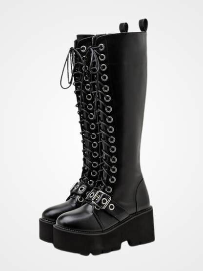 Gothic Lace Up Knee High Black Nightclub Boots - ovniki