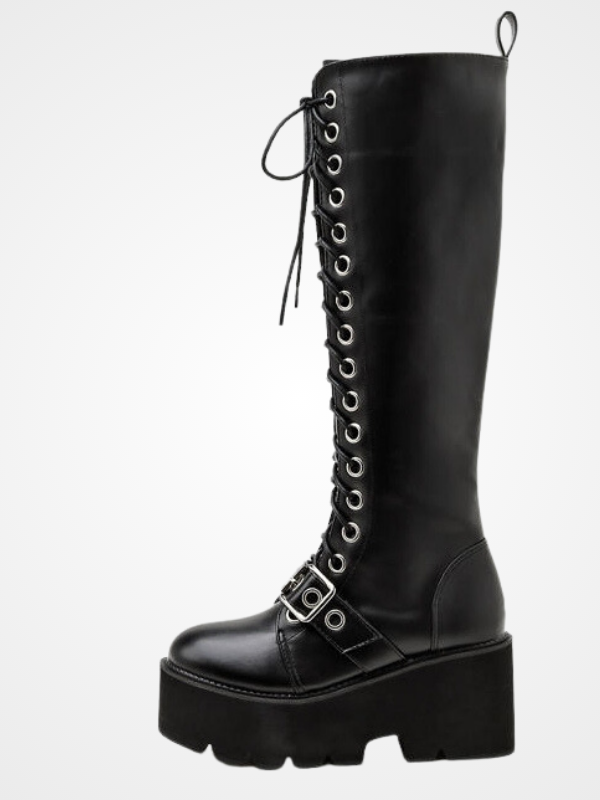 Gothic Lace Up Knee High Black Nightclub Boots - ovniki