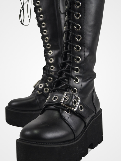 Gothic Lace Up Knee High Black Nightclub Boots - ovniki