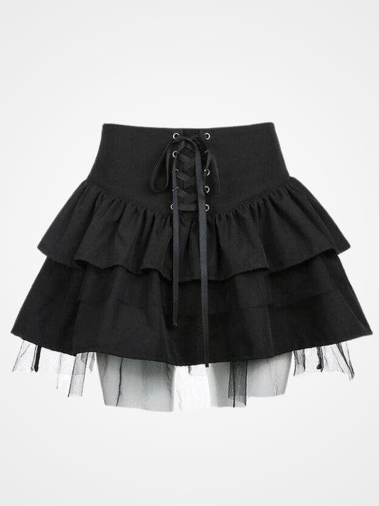Gothic Mesh Lace-up Pleated Mini Skirt- ovniki