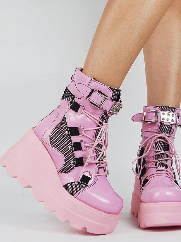 Gothic Pink Leather Platform Wedges Ankle Boots - ovniki