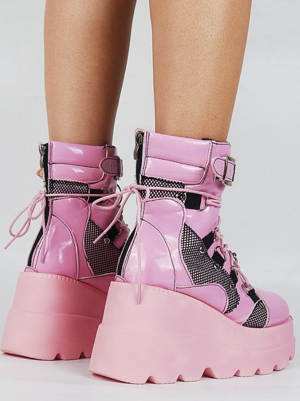 Gothic Pink Leather Platform Wedges Ankle Boots - ovniki