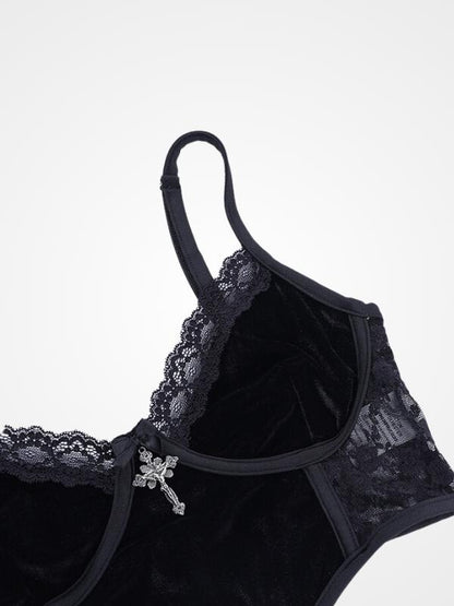 Lace Trimmed Black Gothic Crop Top With Cross - ovniki