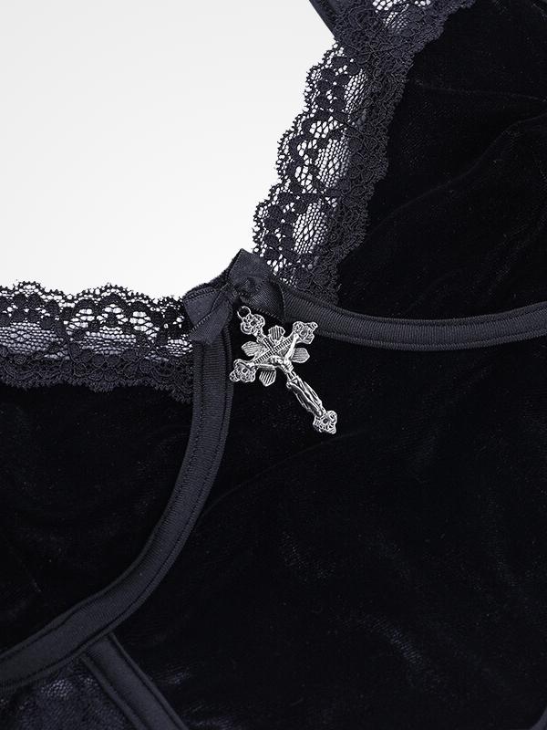 Lace Trimmed Black Gothic Crop Top With Cross - ovniki