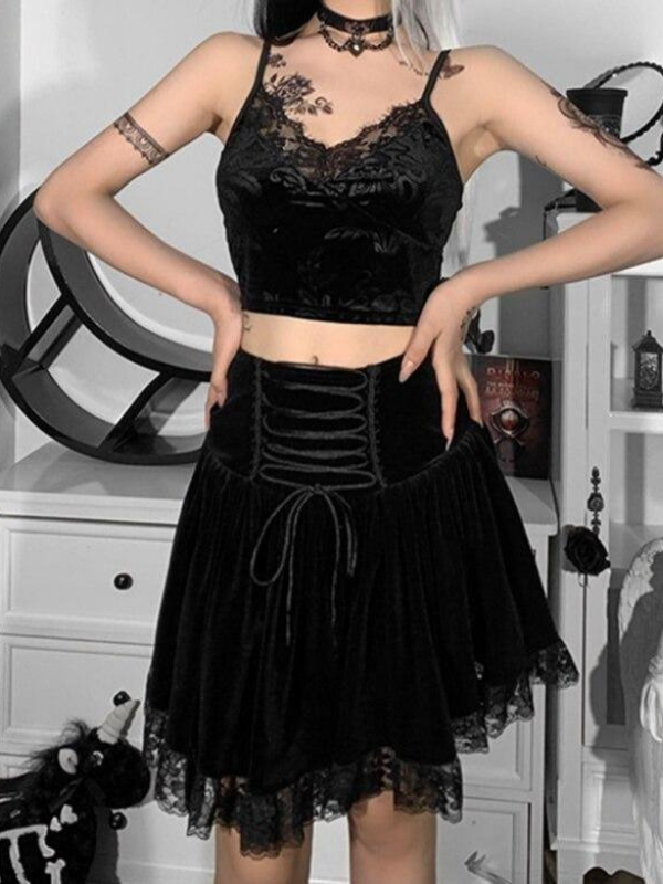 Lace Hem Bandage Gothic Black A Line Mini Skirt - ovniki