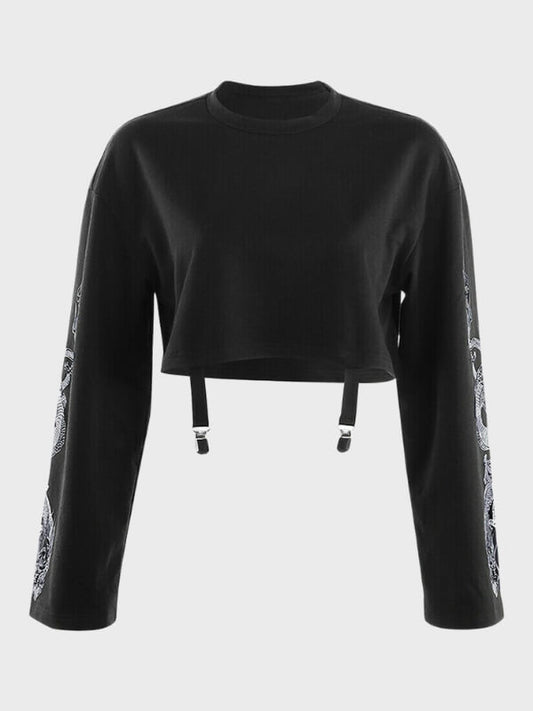 Long Sleeve Dragon Pattern Black Crop Top - ovniki