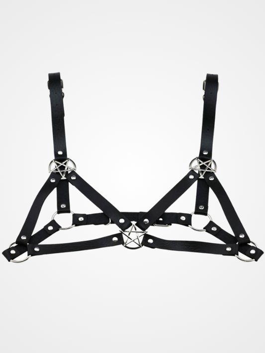 Sexy Black Pentagram Circle Leather Bra Harness_ovniki