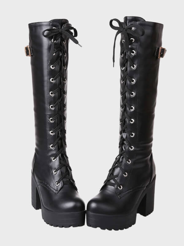 Sexy Lace Up Pu Knee High Motorcycle Boots - ovniki