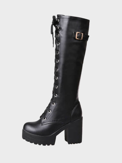 Sexy Lace Up Pu Knee High Motorcycle Boots - ovniki