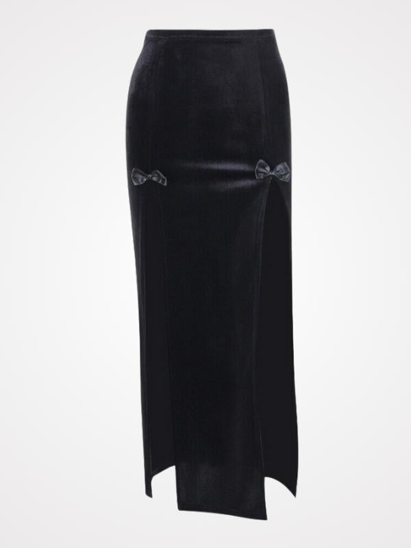 Vintage Sexy Black Velvet High Waist Split Skirts- ovniki
