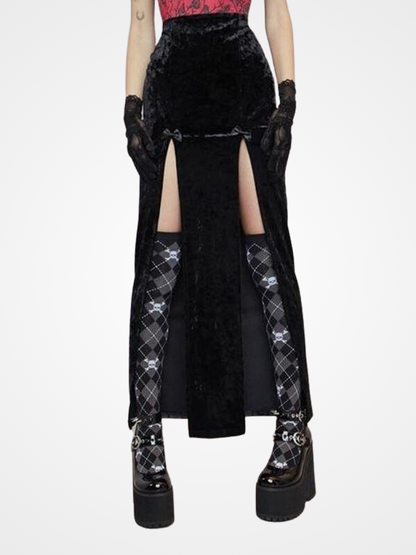 Vintage Sexy Black Velvet High Waist Split Skirts- ovniki