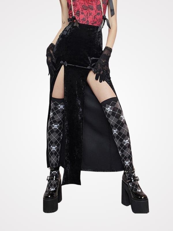 Vintage Sexy Black Velvet High Waist Split Skirts- ovniki