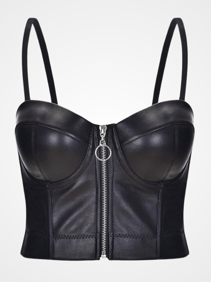 Women Sexy Leather Black Clubwear Crop Top - ovniki