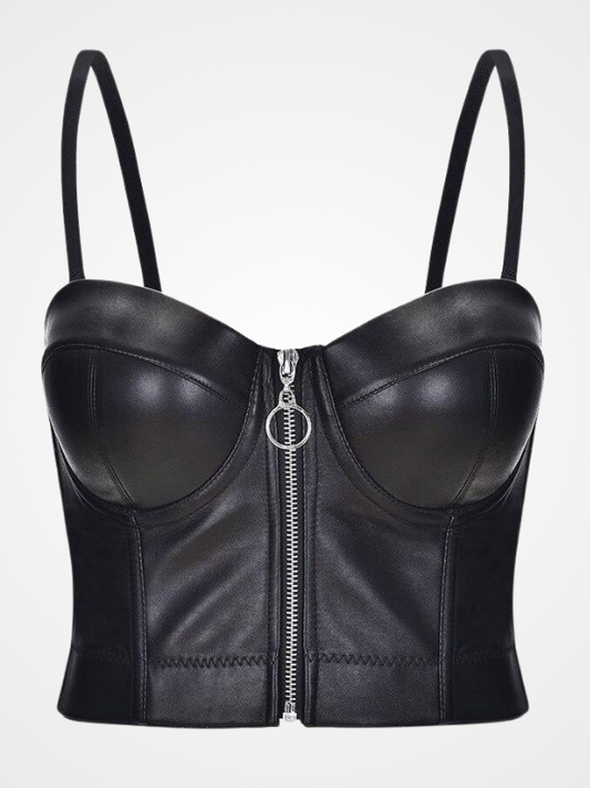 Women Sexy Leather Black Clubwear Crop Top - ovniki