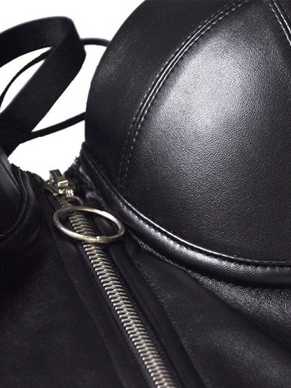 Women Sexy Leather Black Clubwear Crop Top - ovniki