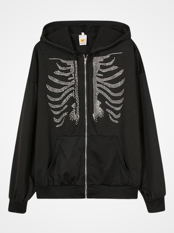 Women Gothic Black Rhinestone Skeleton Hoodie - ovniki