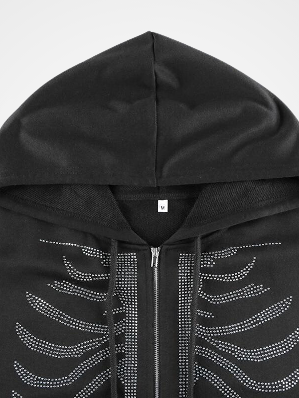Women Gothic Black Rhinestone Skeleton Hoodie - ovniki