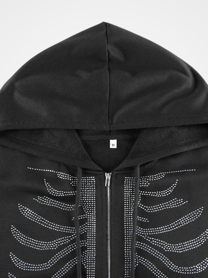 Women Gothic Black Rhinestone Skeleton Hoodie - ovniki