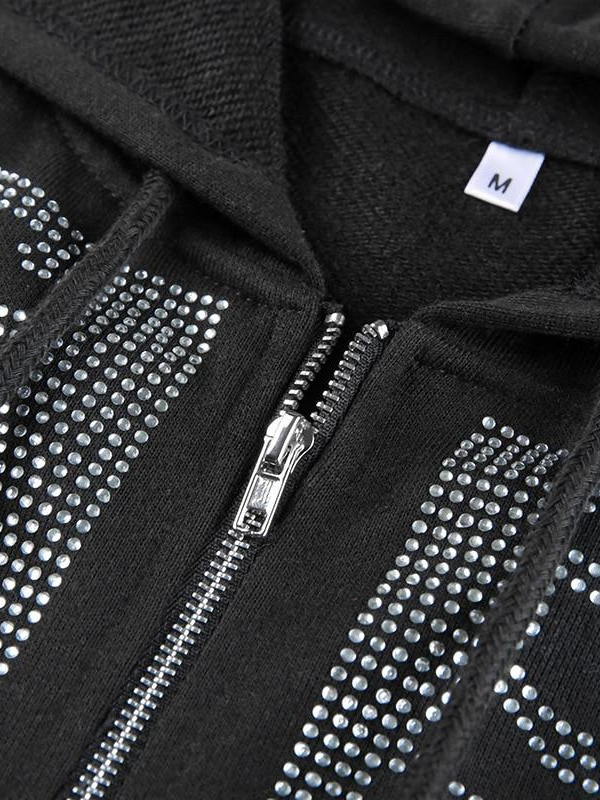 Women Gothic Black Rhinestone Skeleton Hoodie - ovniki