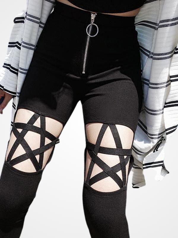 Women Gothic Hollow Out Pentagram Leggings - ovniki