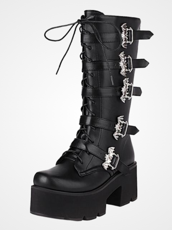 Women Leather Mid Calf Belt Buckle Boots - ovniki