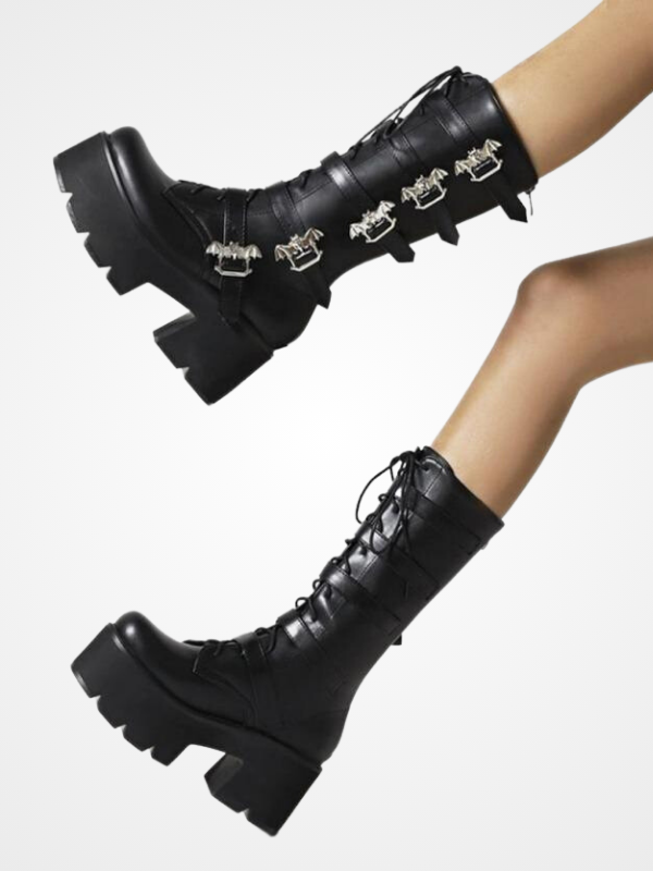 Women Leather Mid Calf Belt Buckle Boots - ovniki