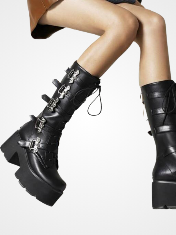 Women Leather Mid Calf Belt Buckle Boots - ovniki