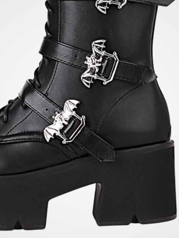 Women Leather Mid Calf Belt Buckle Boots - ovniki