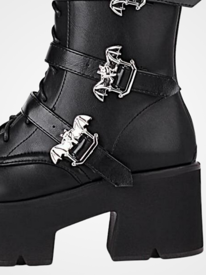 Women Leather Mid Calf Belt Buckle Boots - ovniki