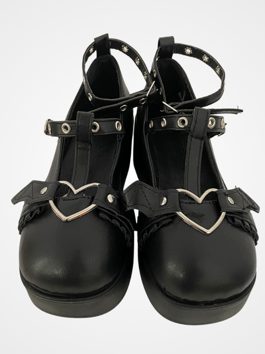 Women Pink T-Strap Chunky Heart Buckle Shoes - ovniki