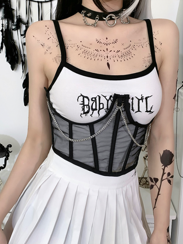 Women Vintage Mesh Metal Chain Black Corset _ ovniki