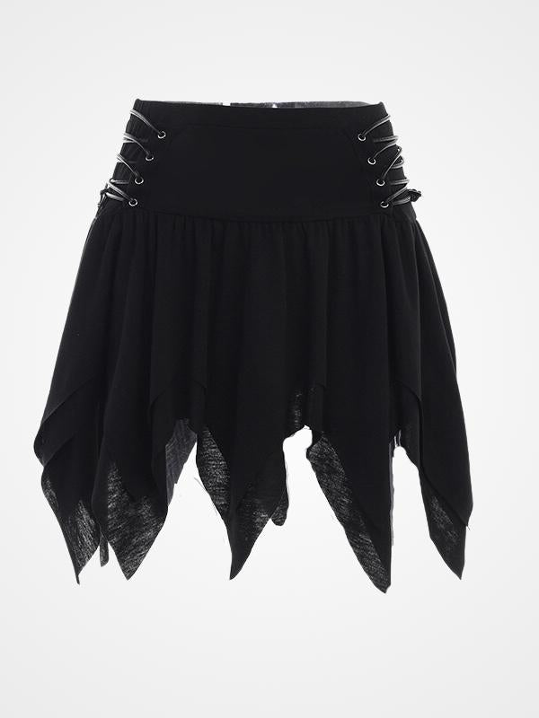 Women's Black Lace-up Irregular Pleated Skirt- ovniki