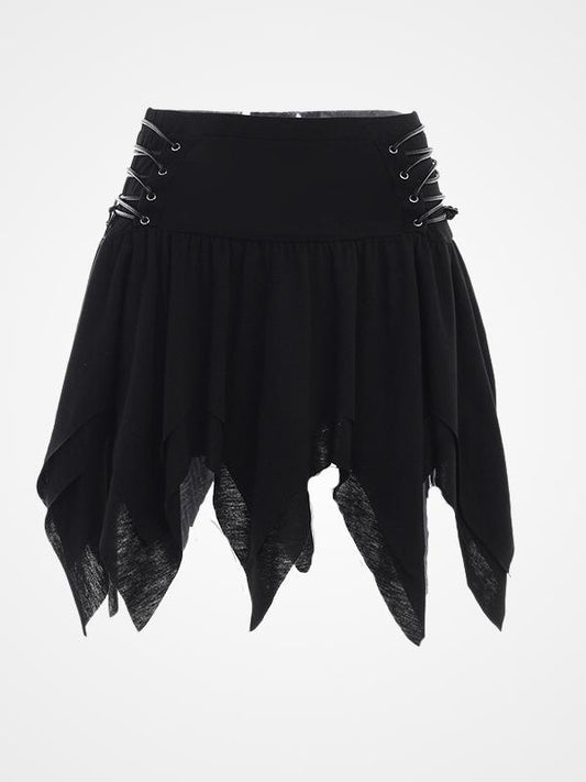 Women's Black Lace-up Irregular Pleated Skirt- ovniki
