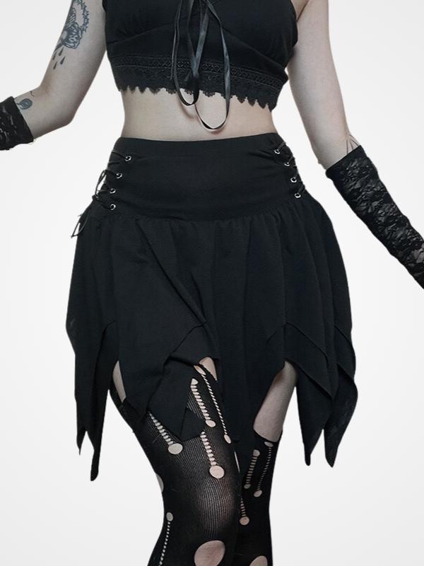 Women's Black Lace-up Irregular Pleated Skirt- ovniki