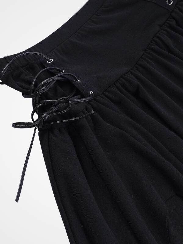 Women's Black Lace-up Irregular Pleated Skirt- ovniki