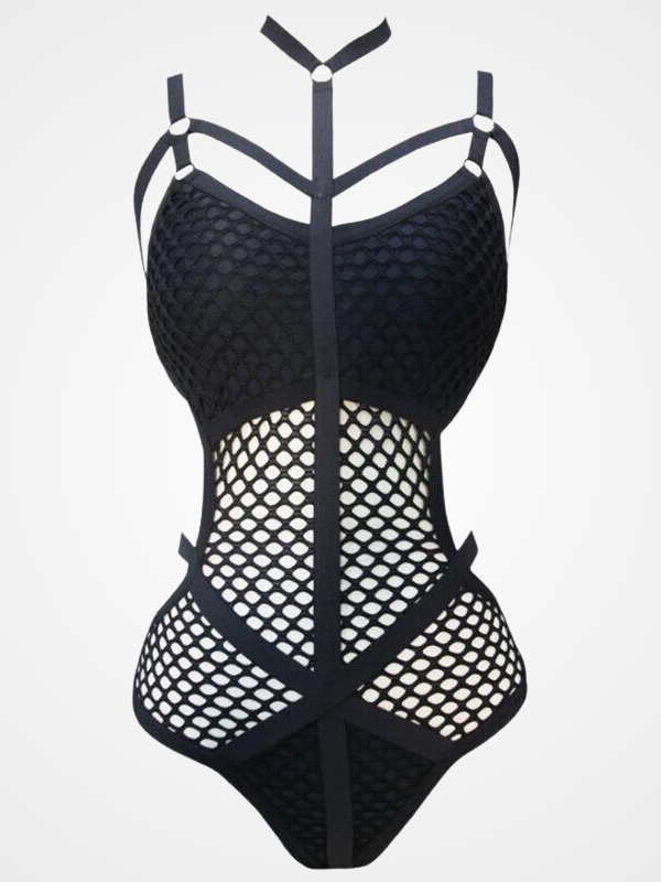 Women's Black Sheer Knit Net Mesh Swimwear - ovniki